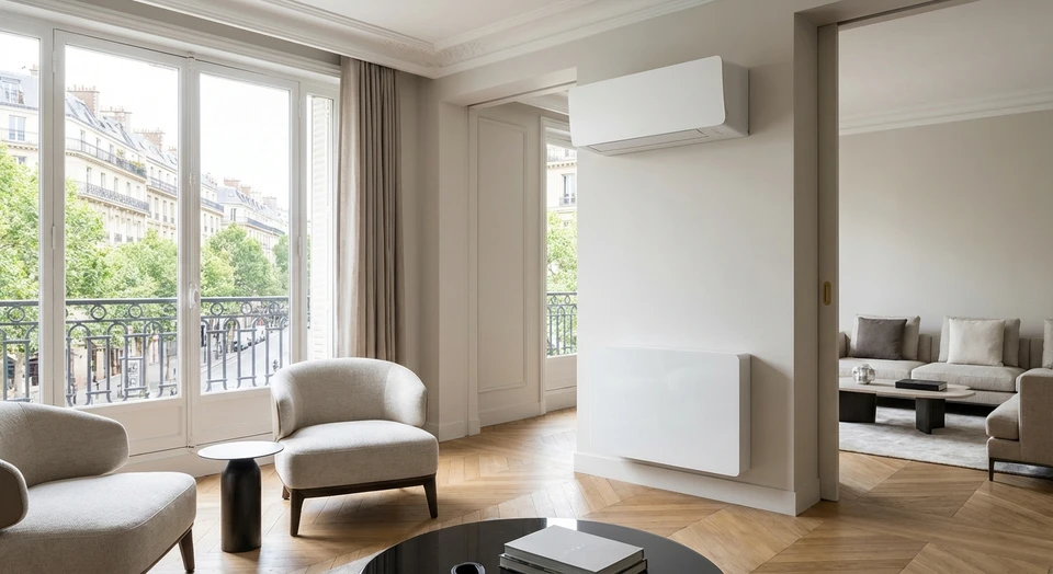 Unité intérieure moderne d'une pompe à chaleur fixée au mur dans un intérieur résidentiel contemporain, avec un design épuré et discret, dans un salon ou une chambre bien éclairés. L'image doit mettre en avant l'esthétique intégrée de l'équipement dans un habitat, sans montrer de personnes, afin d'illustrer la solution de chauffage performante et écologique de la pompe à chaleur.