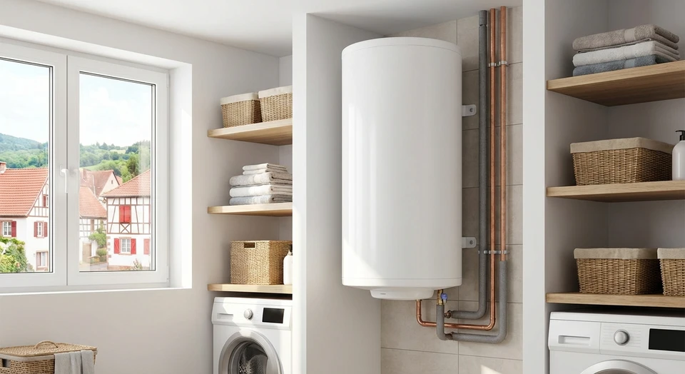 Photographie en intérieur domestique montrant un chauffe-eau thermodynamique blanc ou métallisé de type cylindrique ou rectangulaire, fixé au mur ou au sol dans une cuisine ou une buanderie. L'appareil doit être clairement identifiable comme un chauffe-eau thermodynamique avec ses caractéristiques distinctives (forme et taille typiques), dans un environnement résidentiel réaliste montrant l'installation en contexte d'habitation.