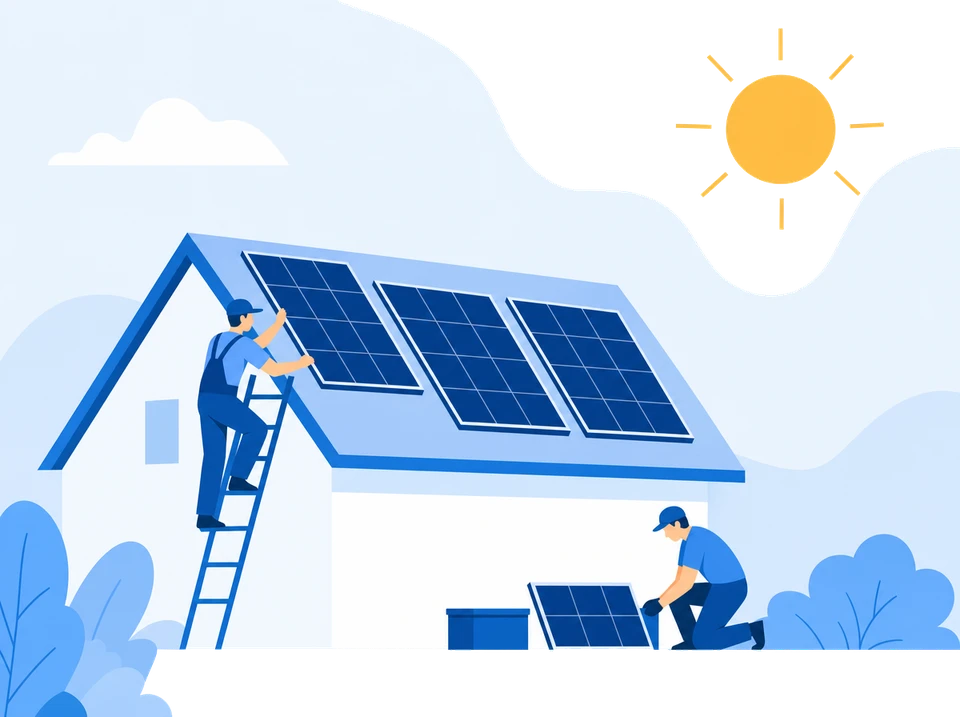 Technicien en combinaison de travail et casque blanc installant des panneaux solaires photovoltaïques sur une toiture sous ciel bleu